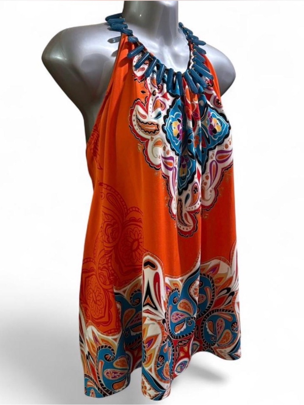 Melissa Paige Women’s Orange Printed Halter Tank Top with Blue Jewel Accent XL